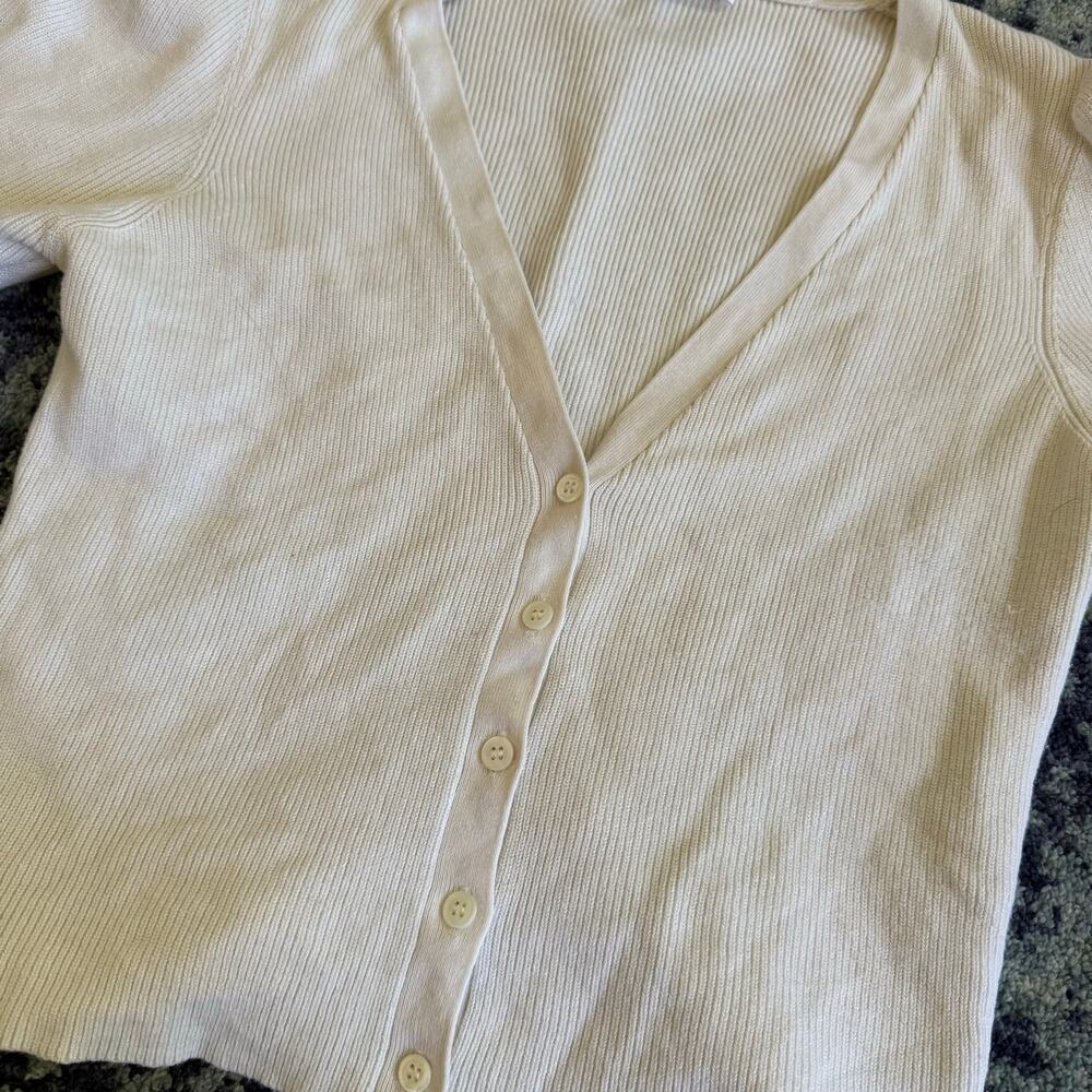 FLAWED FRAME Cropped White Ribbed Puff Sleeve Knit Cardigan Pullover- Size M - Picture 5 of 12